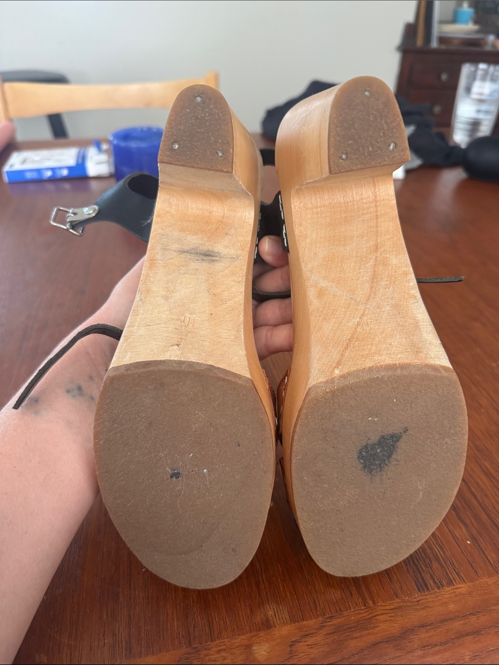 Swedish Hasbeens Tan and Black Leather Platform Sandals - Picture 12 of 12